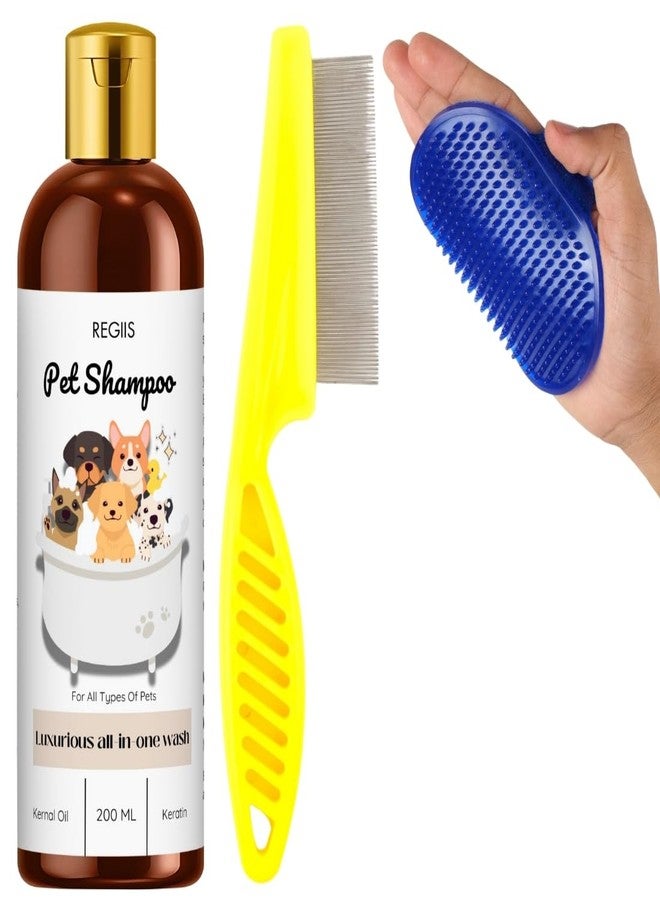 مجموعة شامبو الحيوانات الأليفة من ريجيس مع أدوات العناية، 200 مل غسول شامل مع زيت نواة النخيل والكيراتين، تتضمن مشطًا للبراغيث وفرشاة لإزالة الشعر الزائد للكلاب (عبوة من 3 قطع) - Image 1